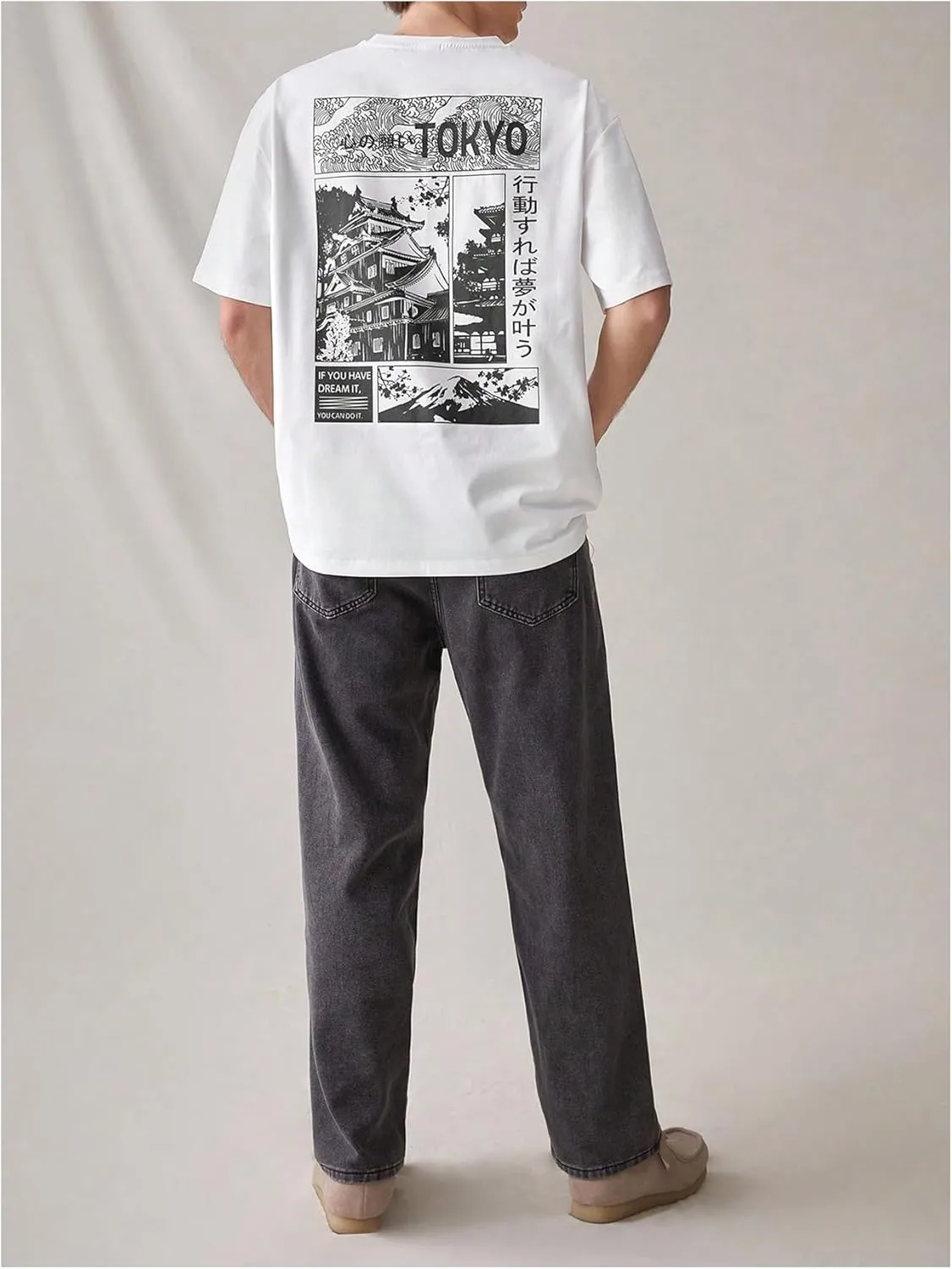 GORGLITTER Men's Japanese Letter Graphic Tee Top Oversized Short Sleeve Casual Aesthetic Print T-Shirt