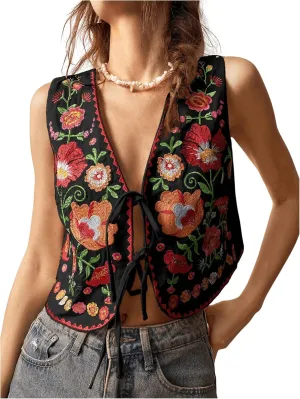 GORGLITTER Women's Tie Front Embroidered Floral Vest Tops Sleeveless Cardigan Boho Western Outfits
