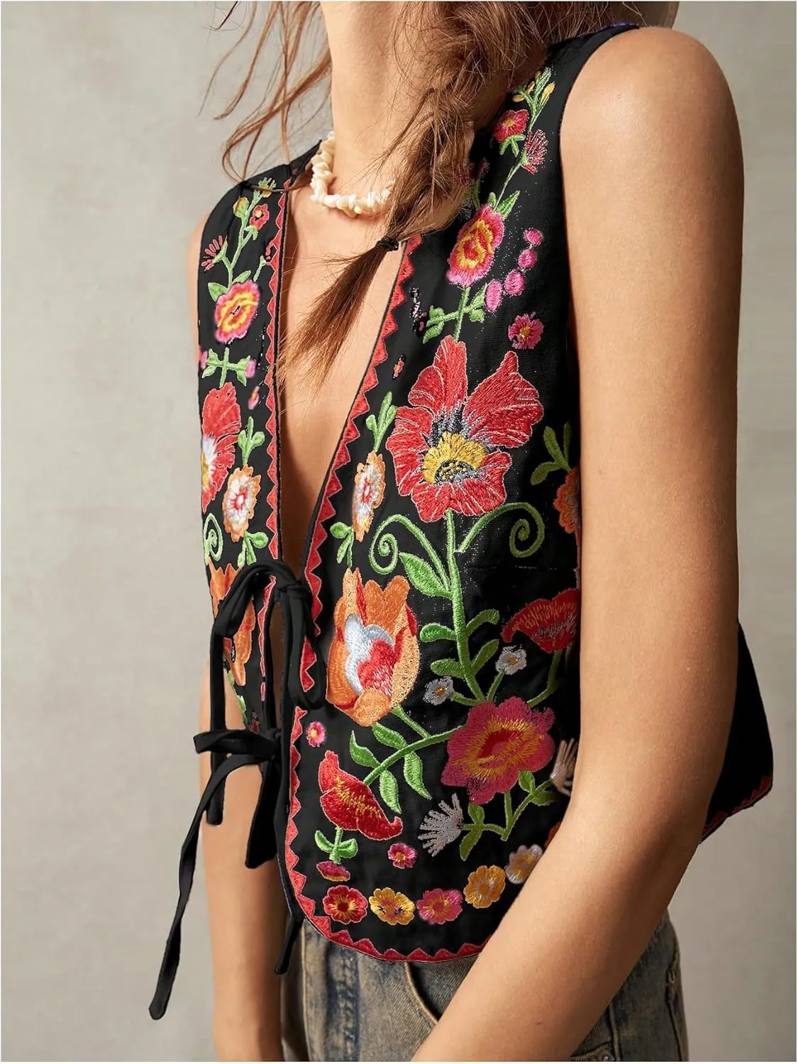GORGLITTER Women's Tie Front Embroidered Floral Vest Tops Sleeveless Cardigan Boho Western Outfits