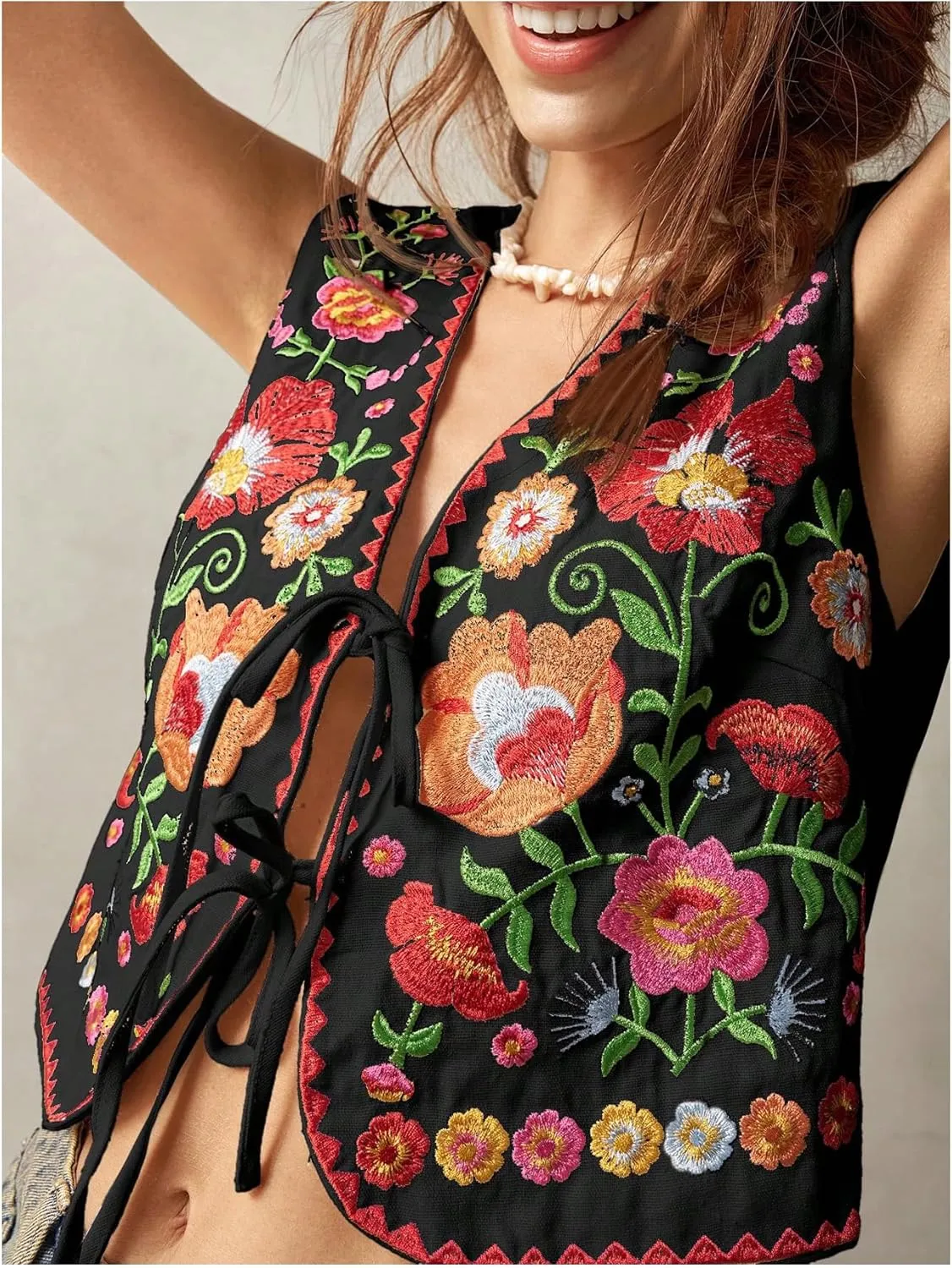 GORGLITTER Women's Tie Front Embroidered Floral Vest Tops Sleeveless Cardigan Boho Western Outfits