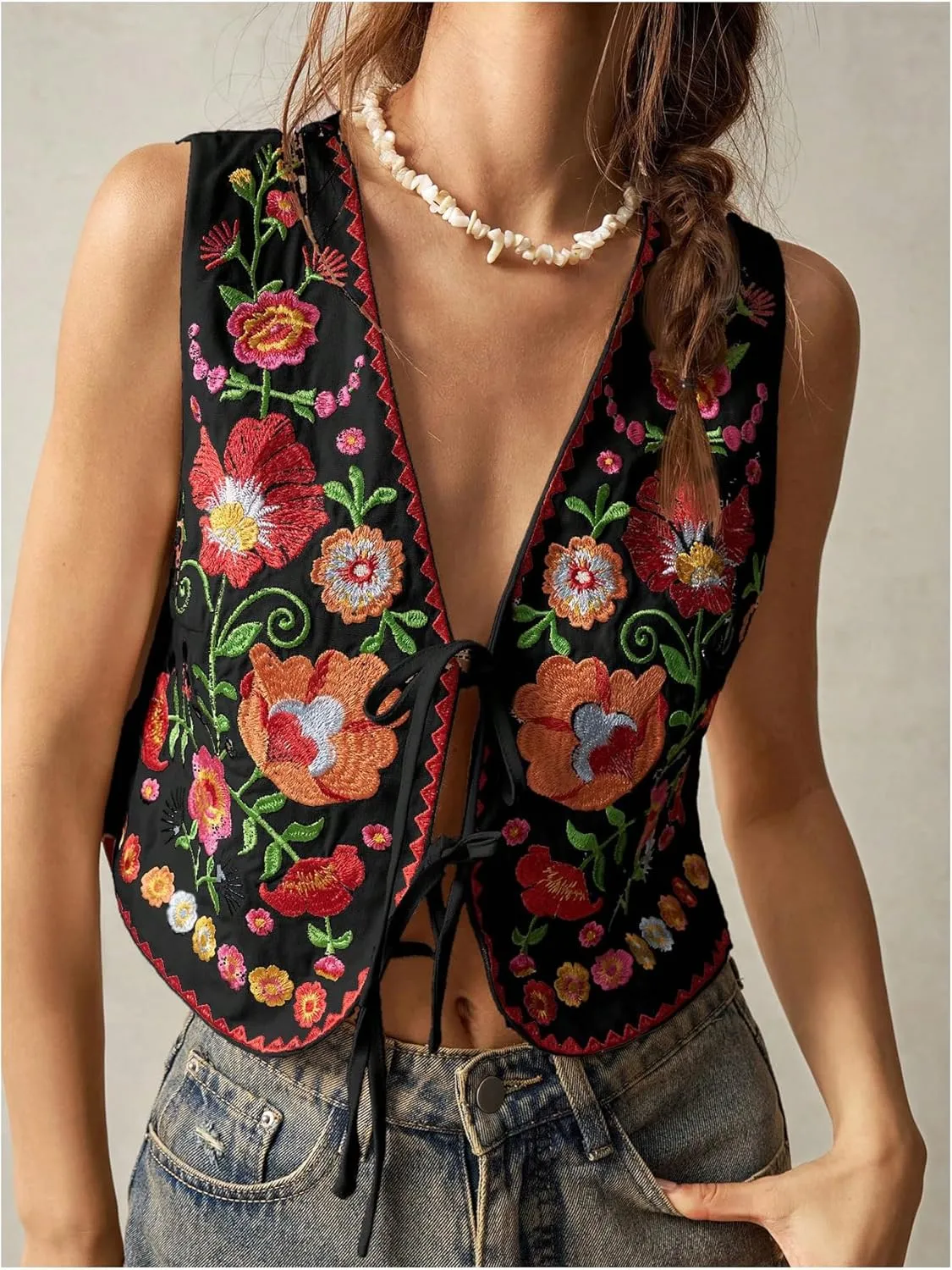 GORGLITTER Women's Tie Front Embroidered Floral Vest Tops Sleeveless Cardigan Boho Western Outfits