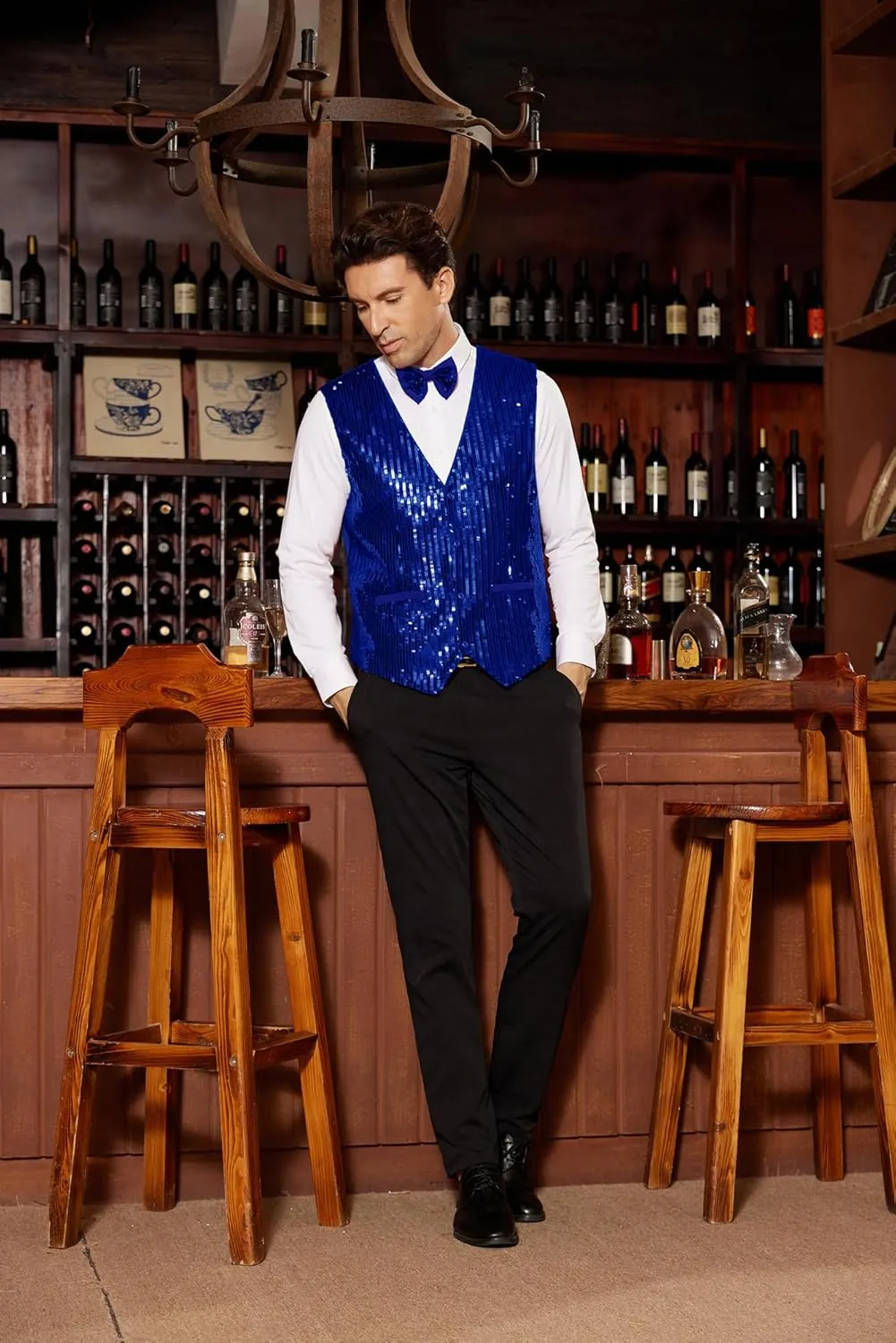 GRACE KARIN Mens Sequin Vest Slim Fit Shiny Dress Waistcoat Bowtie Set for Wedding Prom Party
