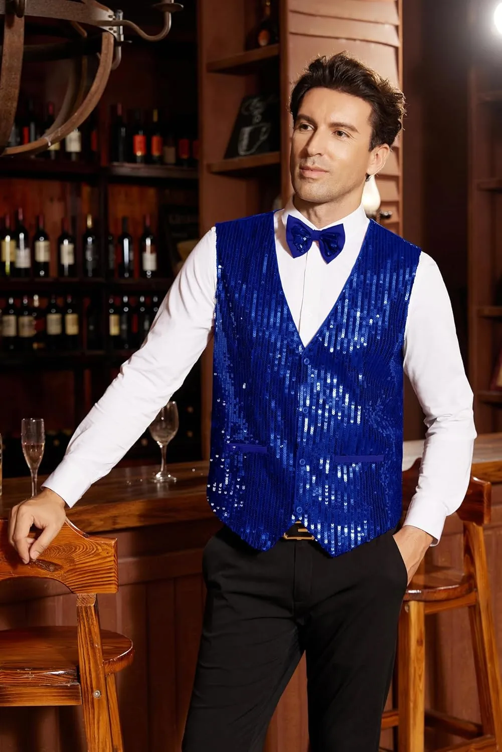 GRACE KARIN Mens Sequin Vest Slim Fit Shiny Dress Waistcoat Bowtie Set for Wedding Prom Party