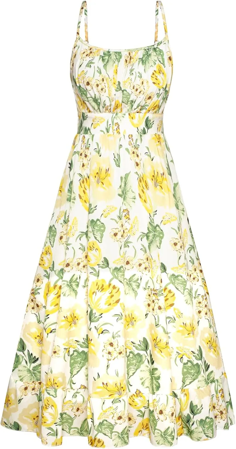 GRACE KARIN Women's Spaghetti Strap Floral Dress Ruffle Hem Pleated Casual Summer Dress Boho Flowy Midi Beach Dress