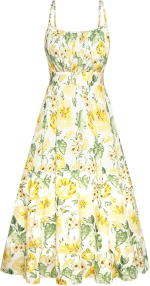 GRACE KARIN Women's Spaghetti Strap Floral Dress Ruffle Hem Pleated Casual Summer Dress Boho Flowy Midi Beach Dress