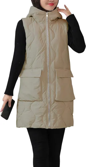 HangNiFang Winter Long Puffer Vest for Women Zip Up Hoodie Quilted Vest Jacket