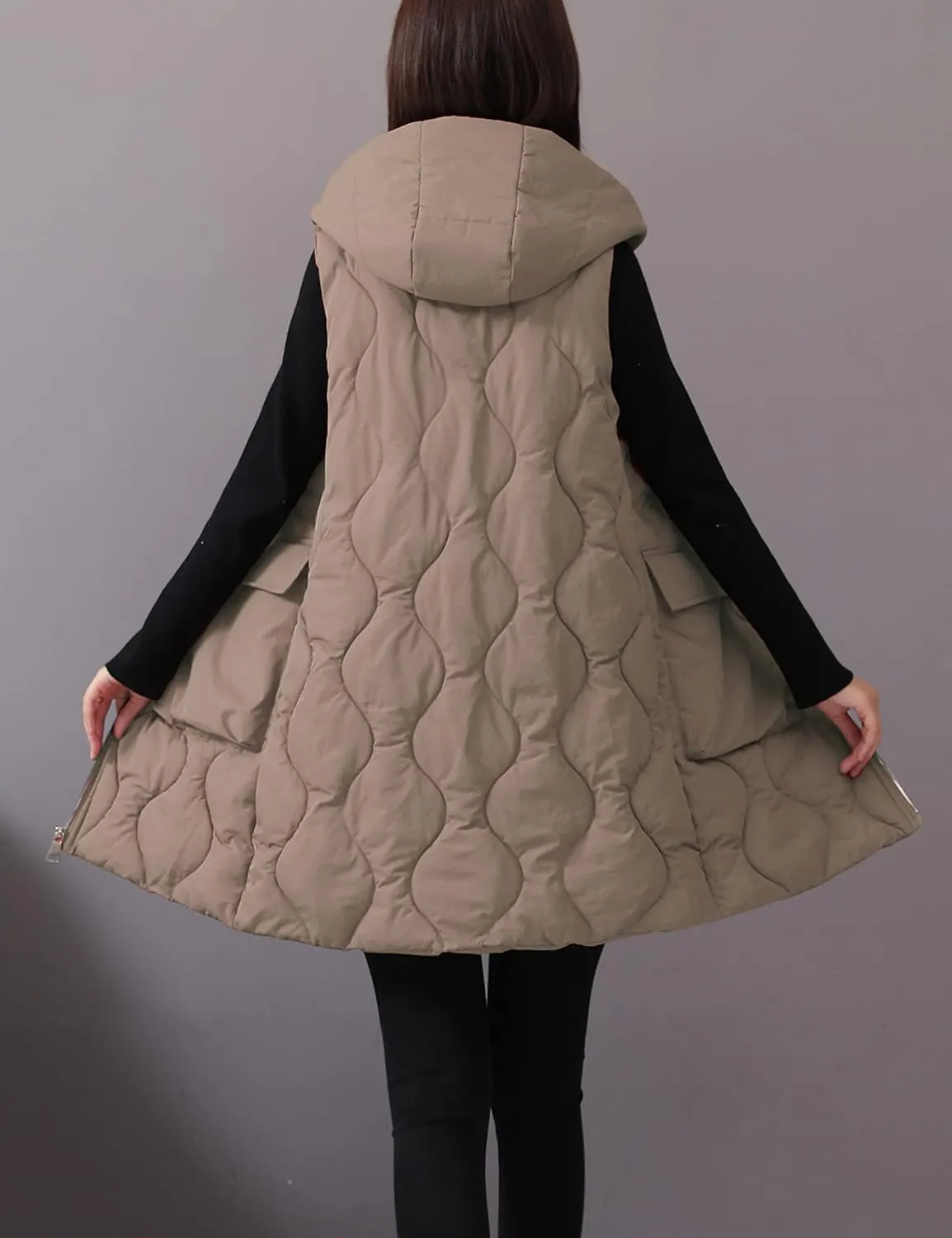 HangNiFang Winter Long Puffer Vest for Women Zip Up Hoodie Quilted Vest Jacket