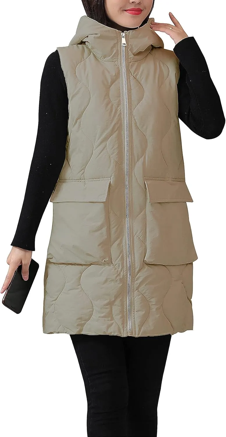 HangNiFang Winter Long Puffer Vest for Women Zip Up Hoodie Quilted Vest Jacket
