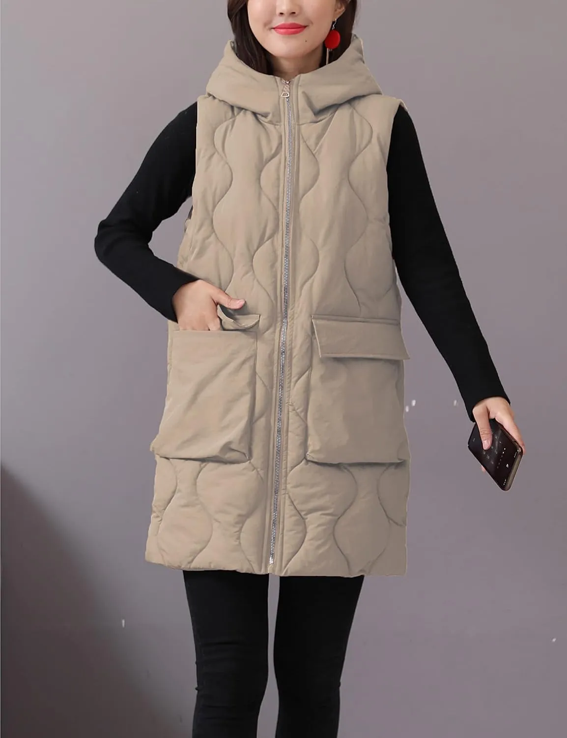 HangNiFang Winter Long Puffer Vest for Women Zip Up Hoodie Quilted Vest Jacket