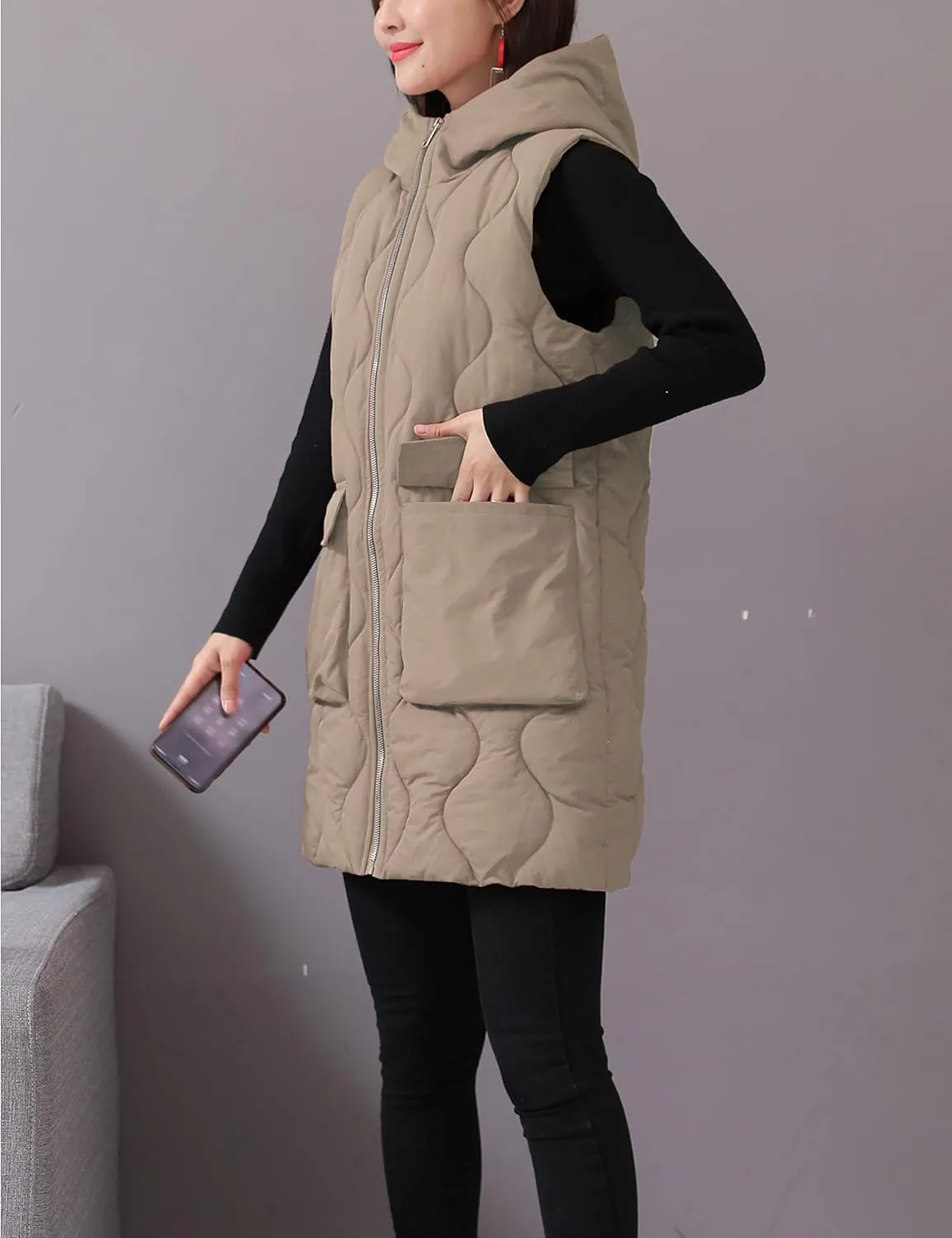 HangNiFang Winter Long Puffer Vest for Women Zip Up Hoodie Quilted Vest Jacket