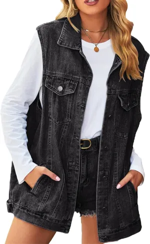hathne Women's Oversized Denim Vest Sleeveless Jean Jacket Vest with Hood Button Down Long Waistcoat with Pockets Streetwear