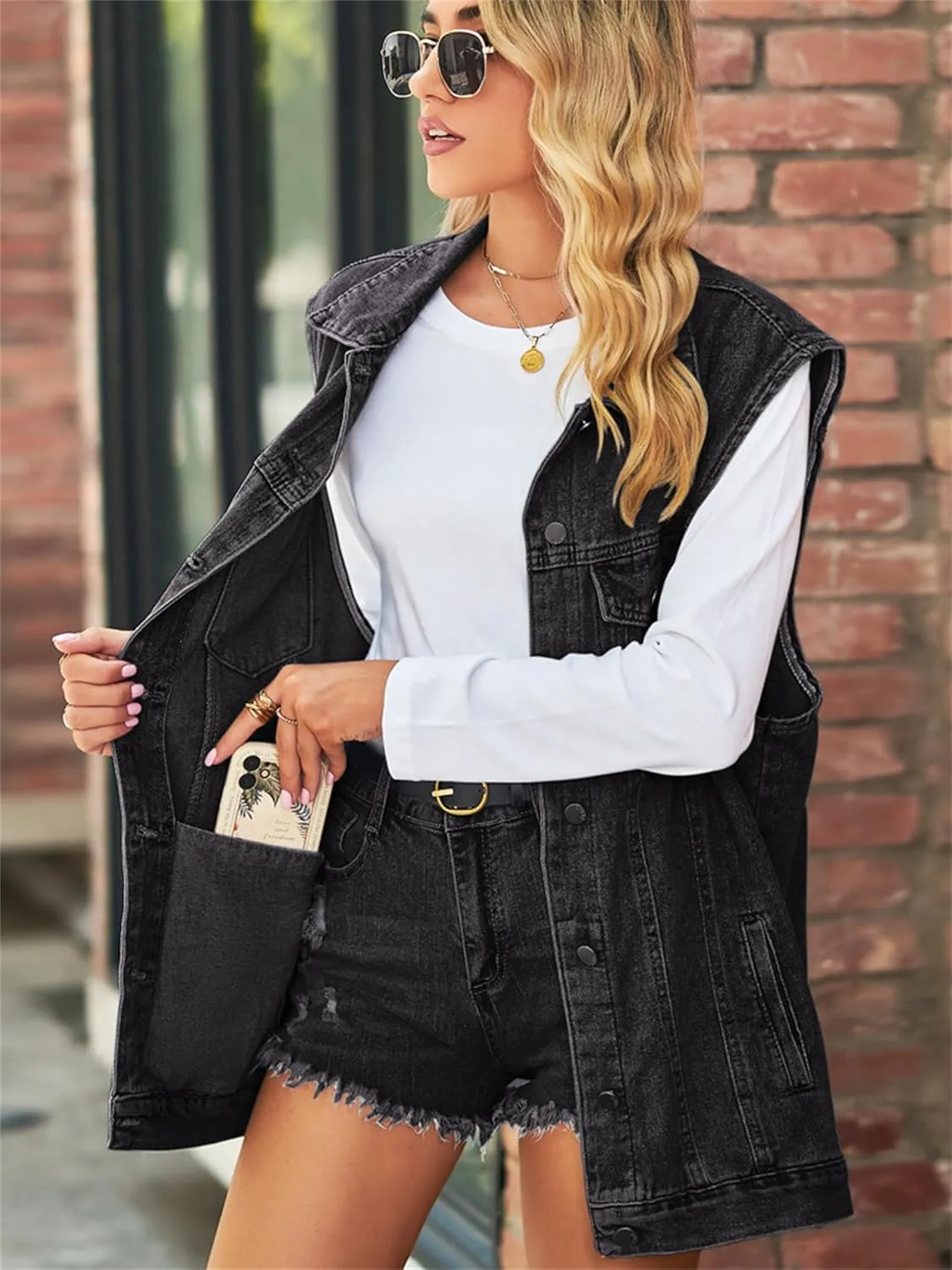 hathne Women's Oversized Denim Vest Sleeveless Jean Jacket Vest with Hood Button Down Long Waistcoat with Pockets Streetwear
