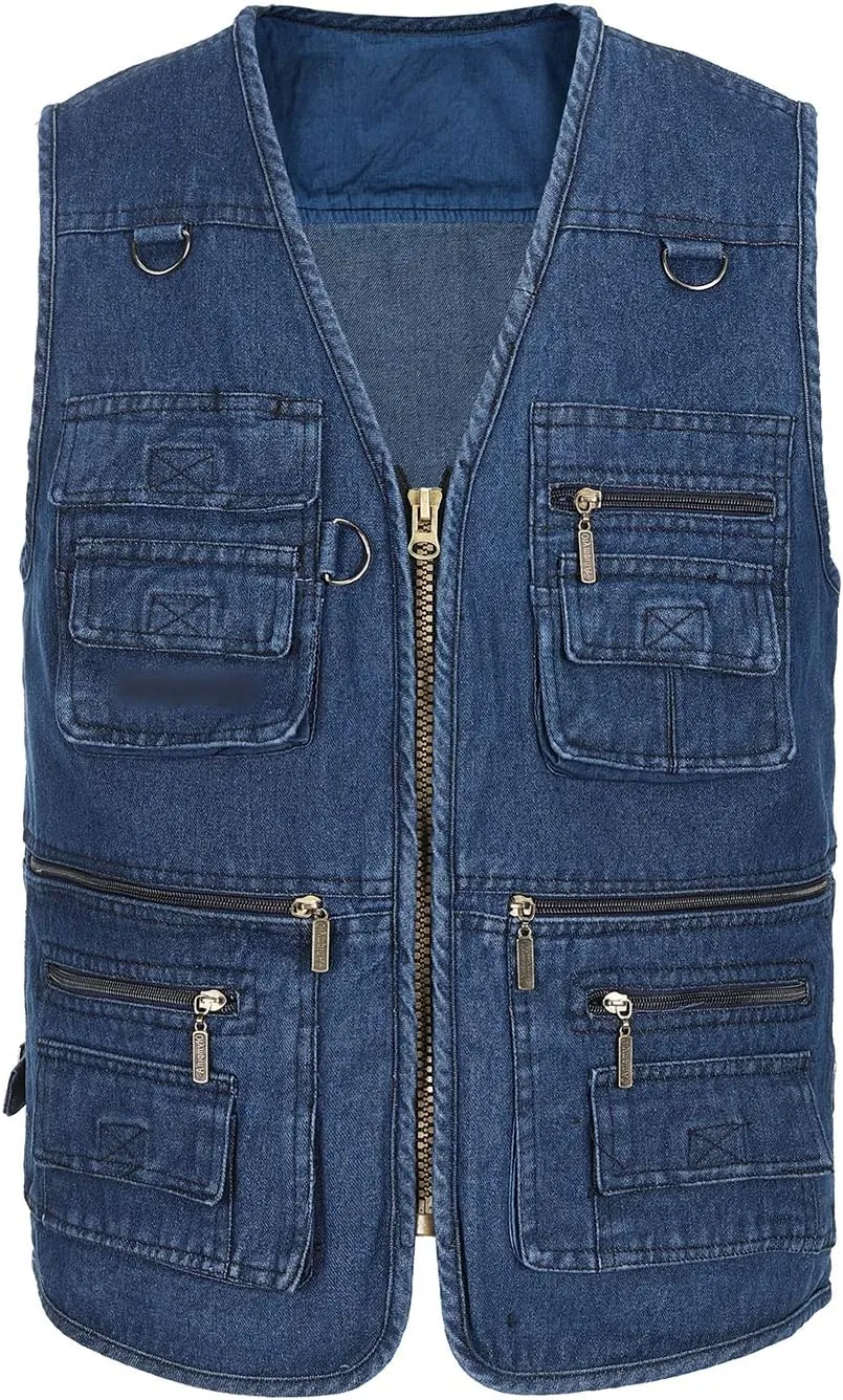 Hbufnha Men's Denim Vest Outdoor Casual Multi Pocket Sleeveless Jacket Jean Work Travel Utility Vest