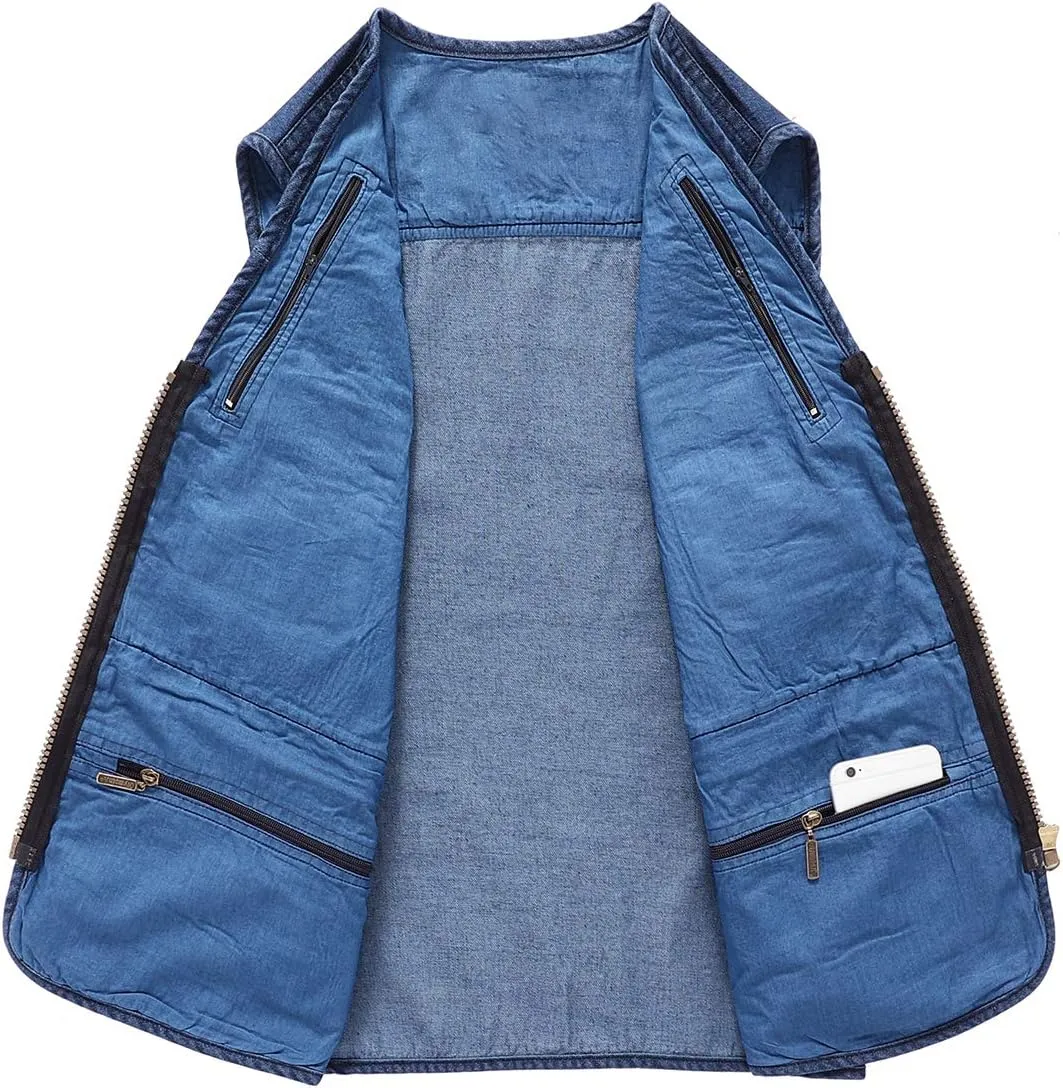 Hbufnha Men's Denim Vest Outdoor Casual Multi Pocket Sleeveless Jacket Jean Work Travel Utility Vest