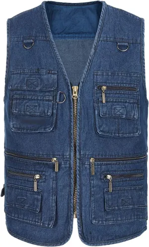 Hbufnha Men's Denim Vest Outdoor Casual Multi Pocket Sleeveless Jacket Jean Work Travel Utility Vest