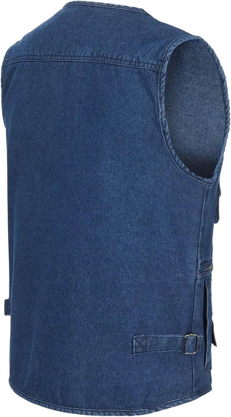Hbufnha Men's Denim Vest Outdoor Casual Multi Pocket Sleeveless Jacket Jean Work Travel Utility Vest