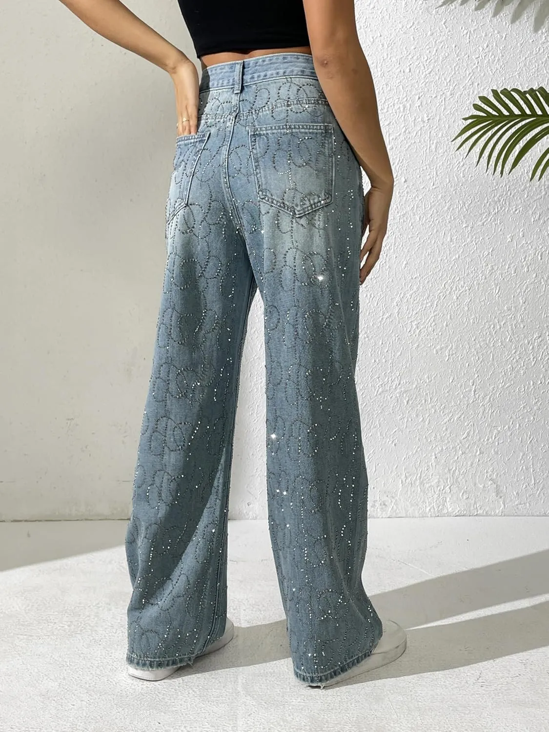 heipeiwa Women's Rhinestone Jeans Wide Leg Baggy Denim Pants High Waist Sparkle Shiny Sequin Trouser