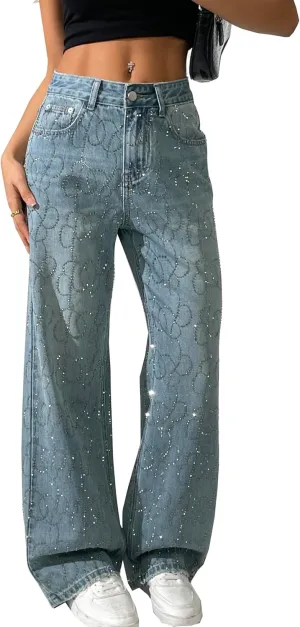 heipeiwa Women's Rhinestone Jeans Wide Leg Baggy Denim Pants High Waist Sparkle Shiny Sequin Trouser