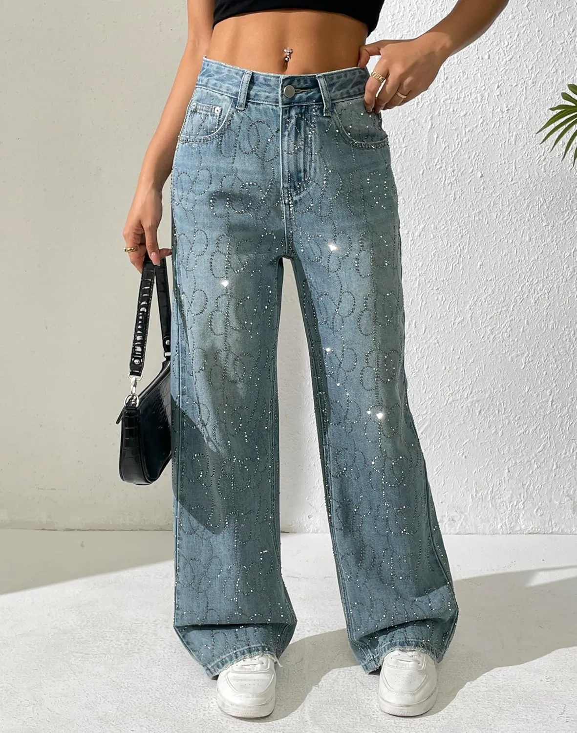 heipeiwa Women's Rhinestone Jeans Wide Leg Baggy Denim Pants High Waist Sparkle Shiny Sequin Trouser