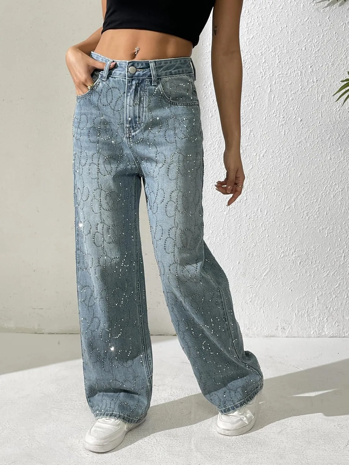 heipeiwa Women's Rhinestone Jeans Wide Leg Baggy Denim Pants High Waist Sparkle Shiny Sequin Trouser