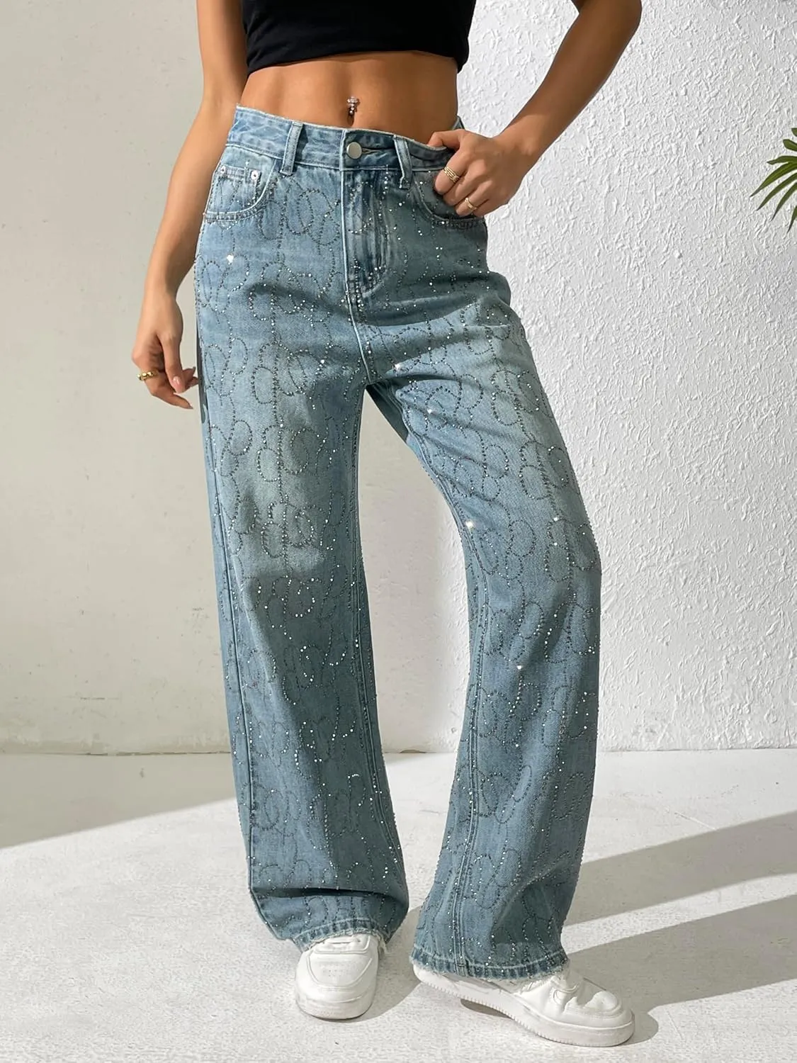 heipeiwa Women's Rhinestone Jeans Wide Leg Baggy Denim Pants High Waist Sparkle Shiny Sequin Trouser
