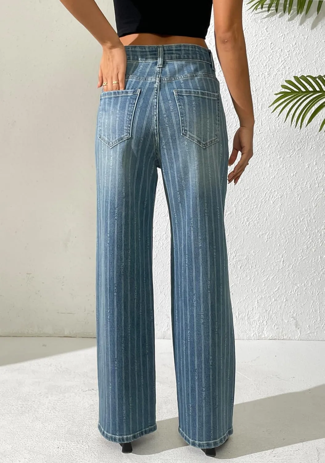heipeiwa Women's Stripes Rhinestone Jeans High Waist Wide Leg Denim Pants Sparkle Shiny Sequin Trouser
