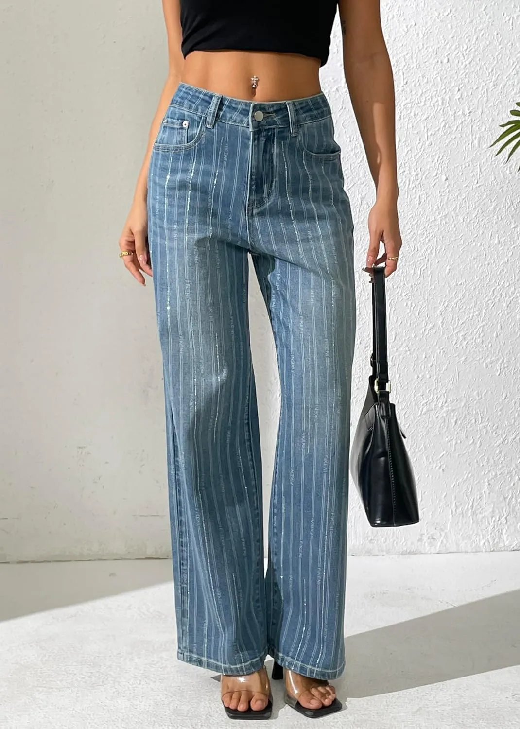 heipeiwa Women's Stripes Rhinestone Jeans High Waist Wide Leg Denim Pants Sparkle Shiny Sequin Trouser