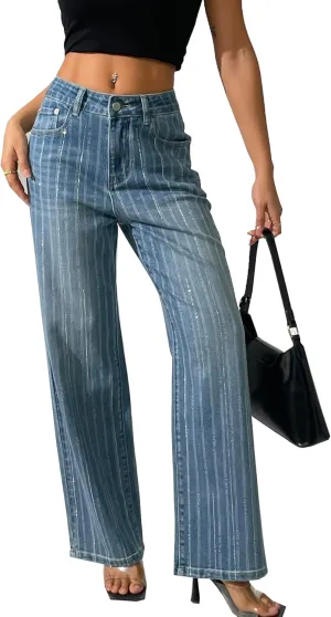heipeiwa Women's Stripes Rhinestone Jeans High Waist Wide Leg Denim Pants Sparkle Shiny Sequin Trouser
