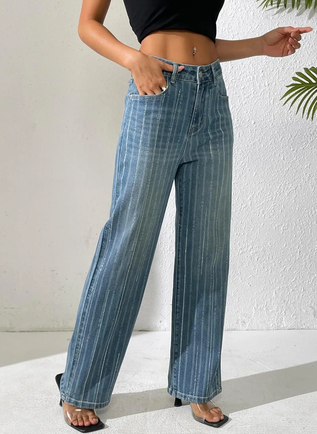 heipeiwa Women's Stripes Rhinestone Jeans High Waist Wide Leg Denim Pants Sparkle Shiny Sequin Trouser