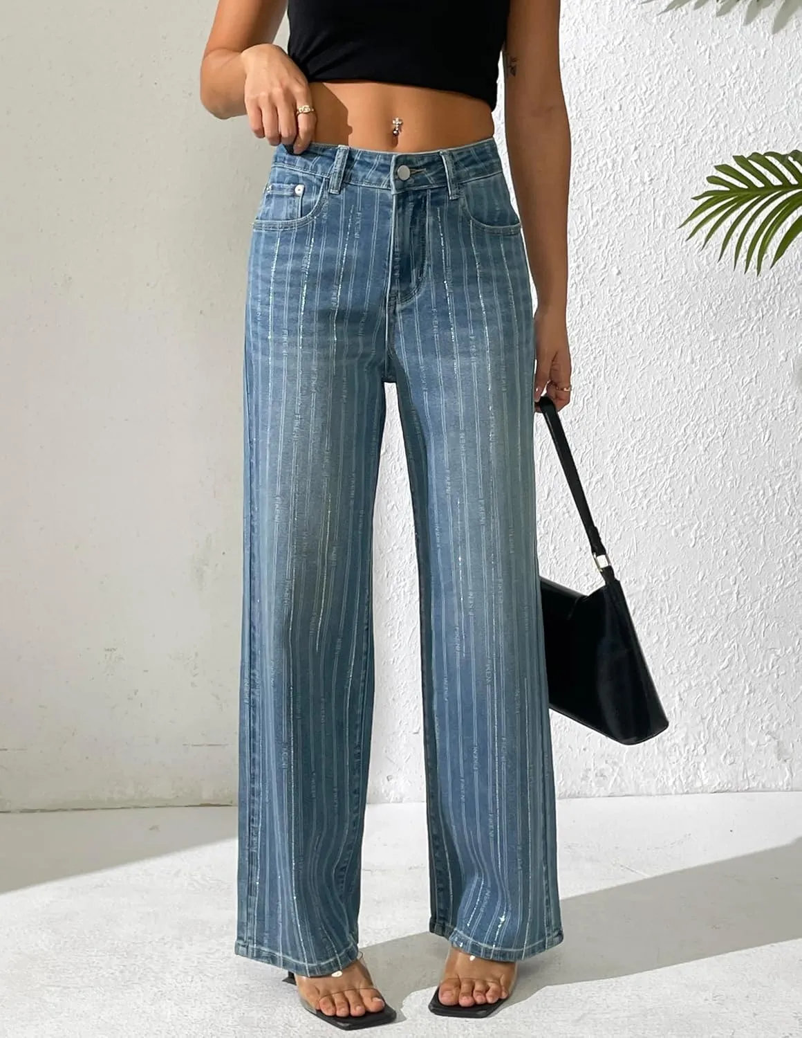 heipeiwa Women's Stripes Rhinestone Jeans High Waist Wide Leg Denim Pants Sparkle Shiny Sequin Trouser