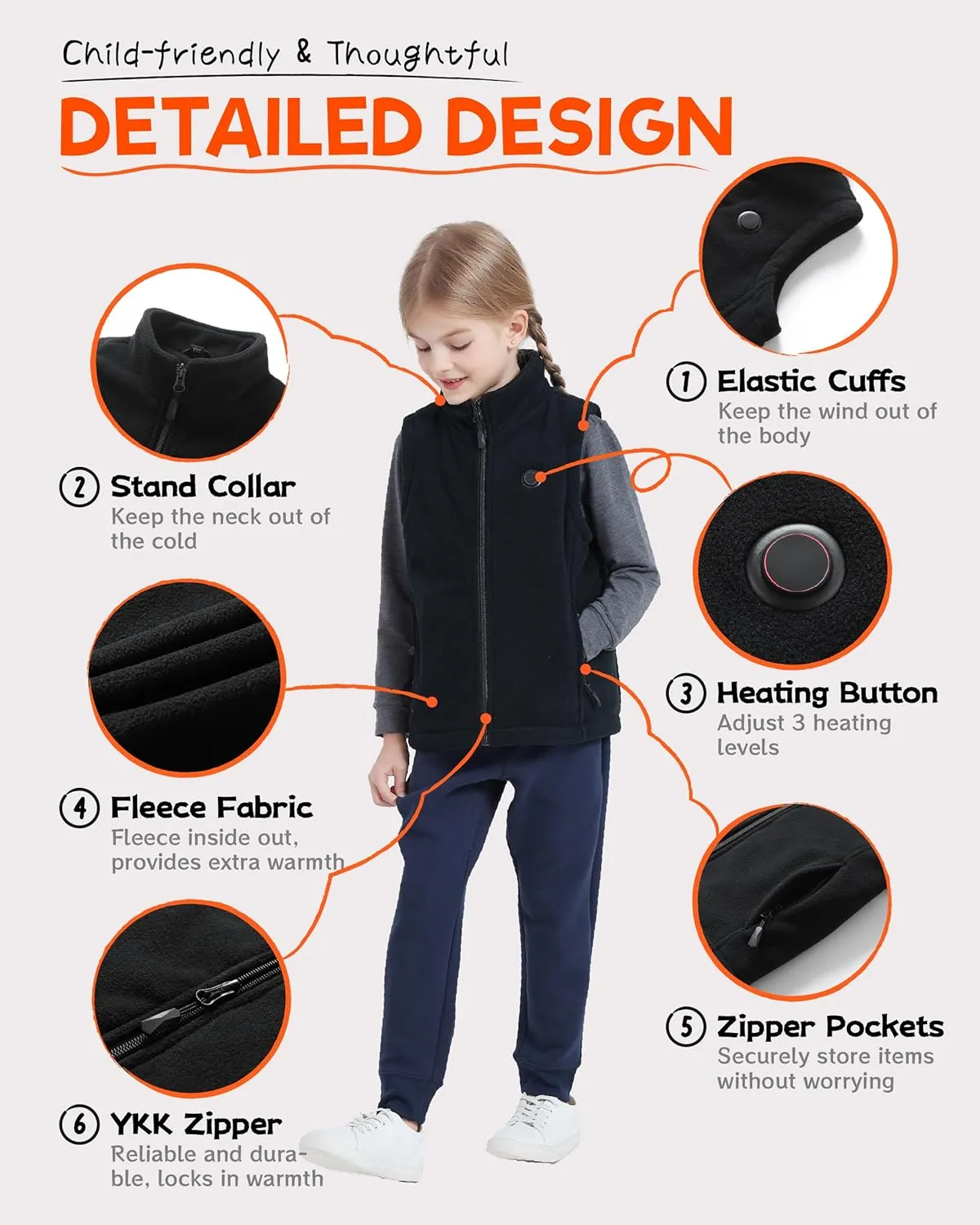 HEWINZE Kids Heated Vest,Fleece vest for Kids, Electric Heating Warming Vest with 5V Battery Pack.