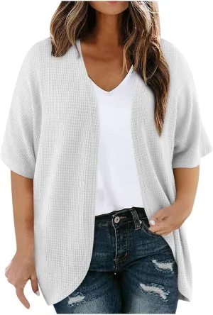 HGps8w Women's Waffle Cardigan Open Front Plus Size Summer Sun Shirts Loose Solid Short Sleeve Going Out Jacket Tops