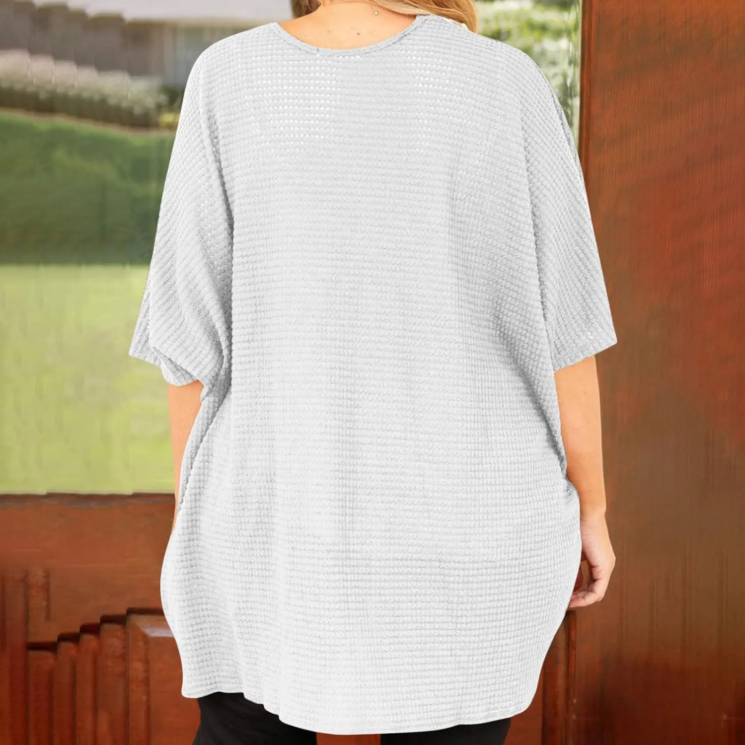 HGps8w Women's Waffle Cardigan Open Front Plus Size Summer Sun Shirts Loose Solid Short Sleeve Going Out Jacket Tops