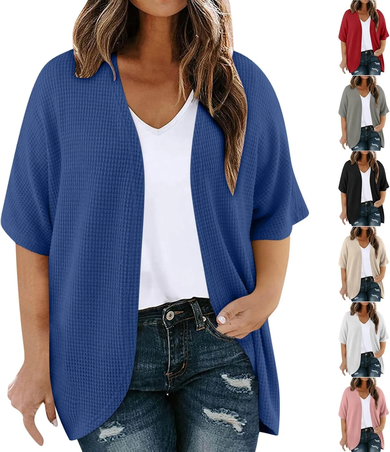 HGps8w Women's Waffle Cardigan Open Front Plus Size Summer Sun Shirts Loose Solid Short Sleeve Going Out Jacket Tops