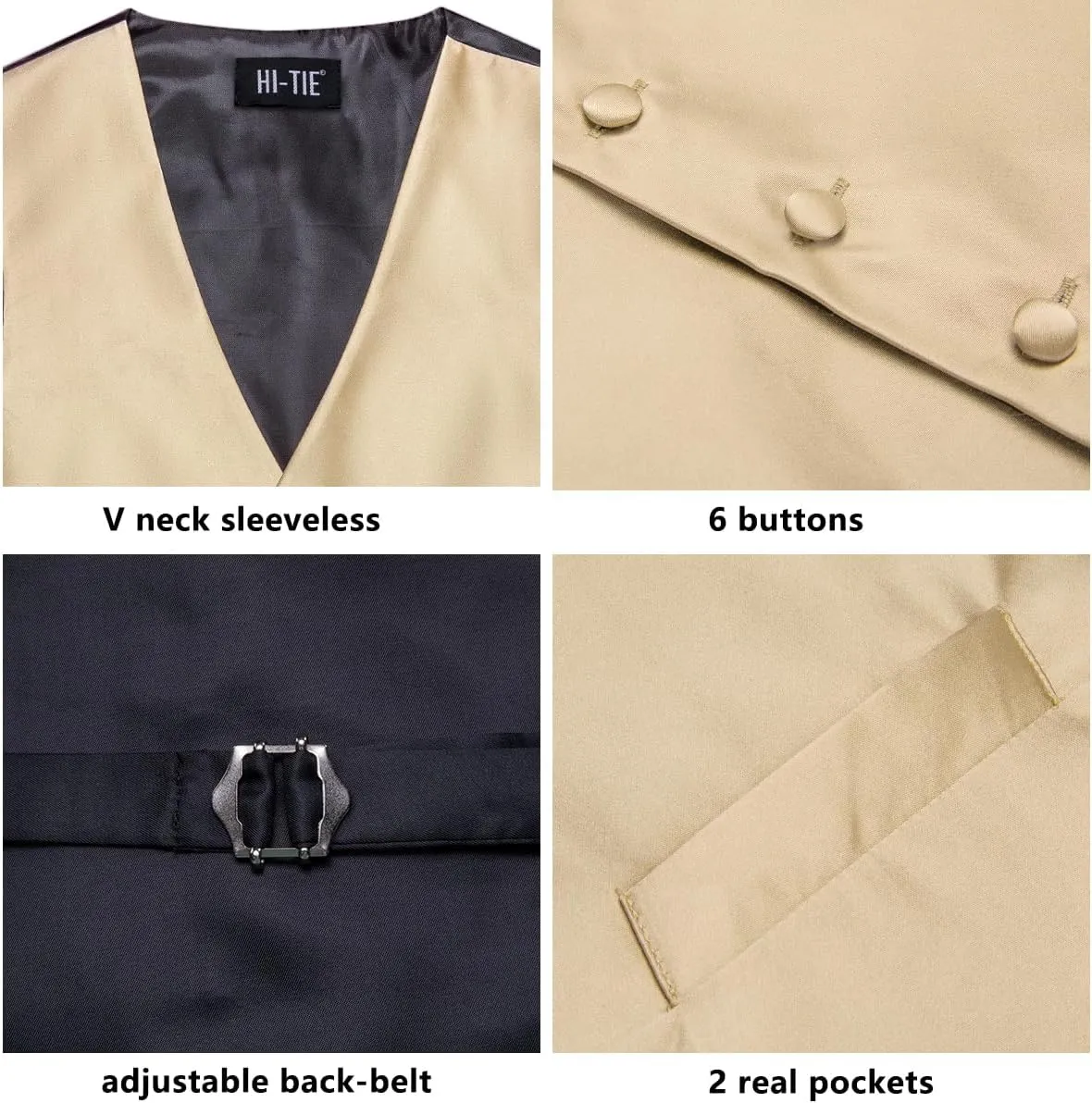 Hi-Tie Mens Silk Suit Vest Jacquard 5PCS Necktie Pocket Square Cufflinks Lapel Pin Formal Wedding Tuxedo