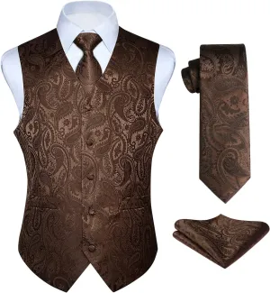 HISDERN Men's Vest Tie Set Paisley Floral Jacquard Necktie Pocket Square 3PCS Waistcoat for Suit or Tuxedo Wedding Party