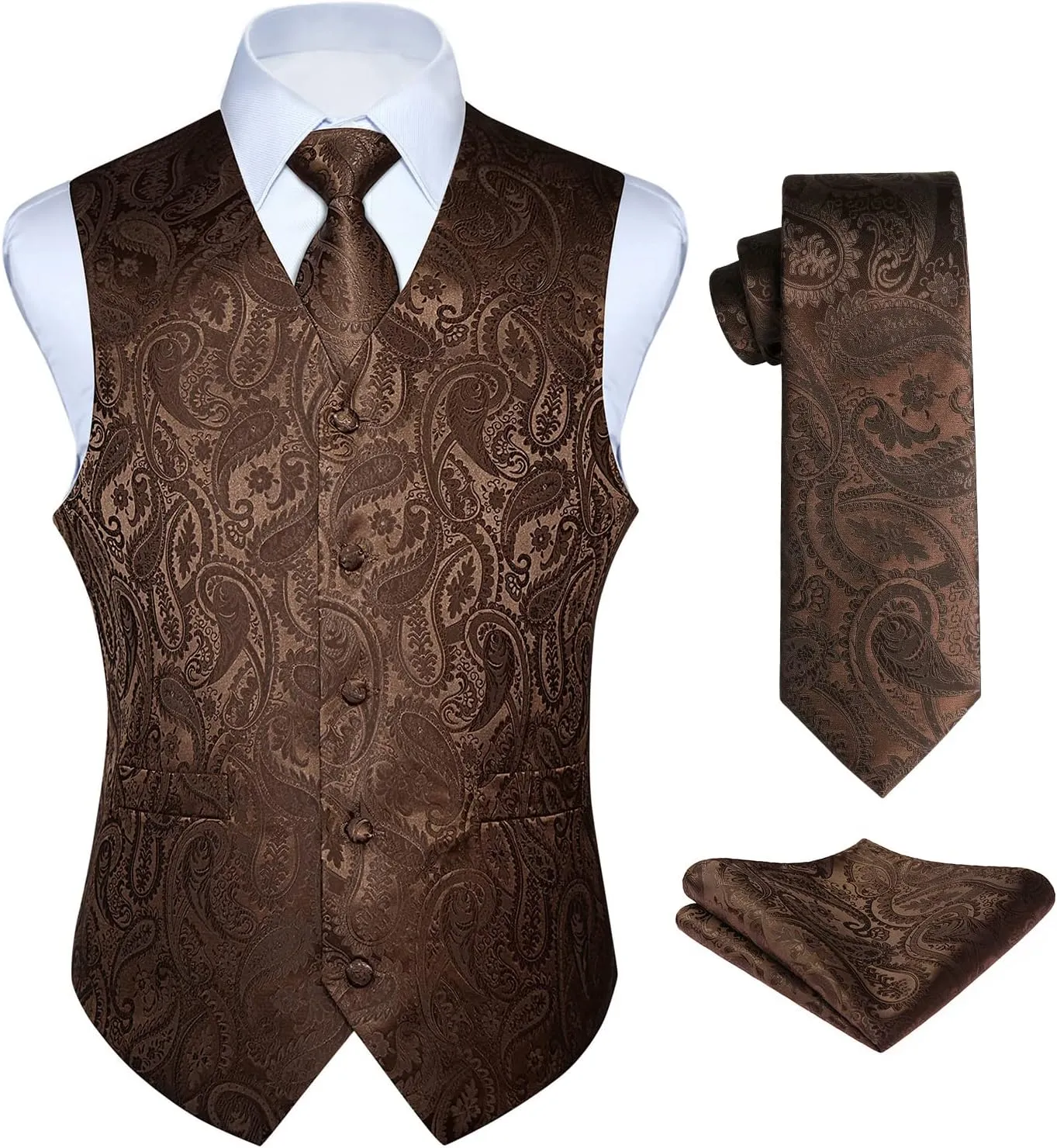 HISDERN Men's Vest Tie Set Paisley Floral Jacquard Necktie Pocket Square 3PCS Waistcoat for Suit or Tuxedo Wedding Party