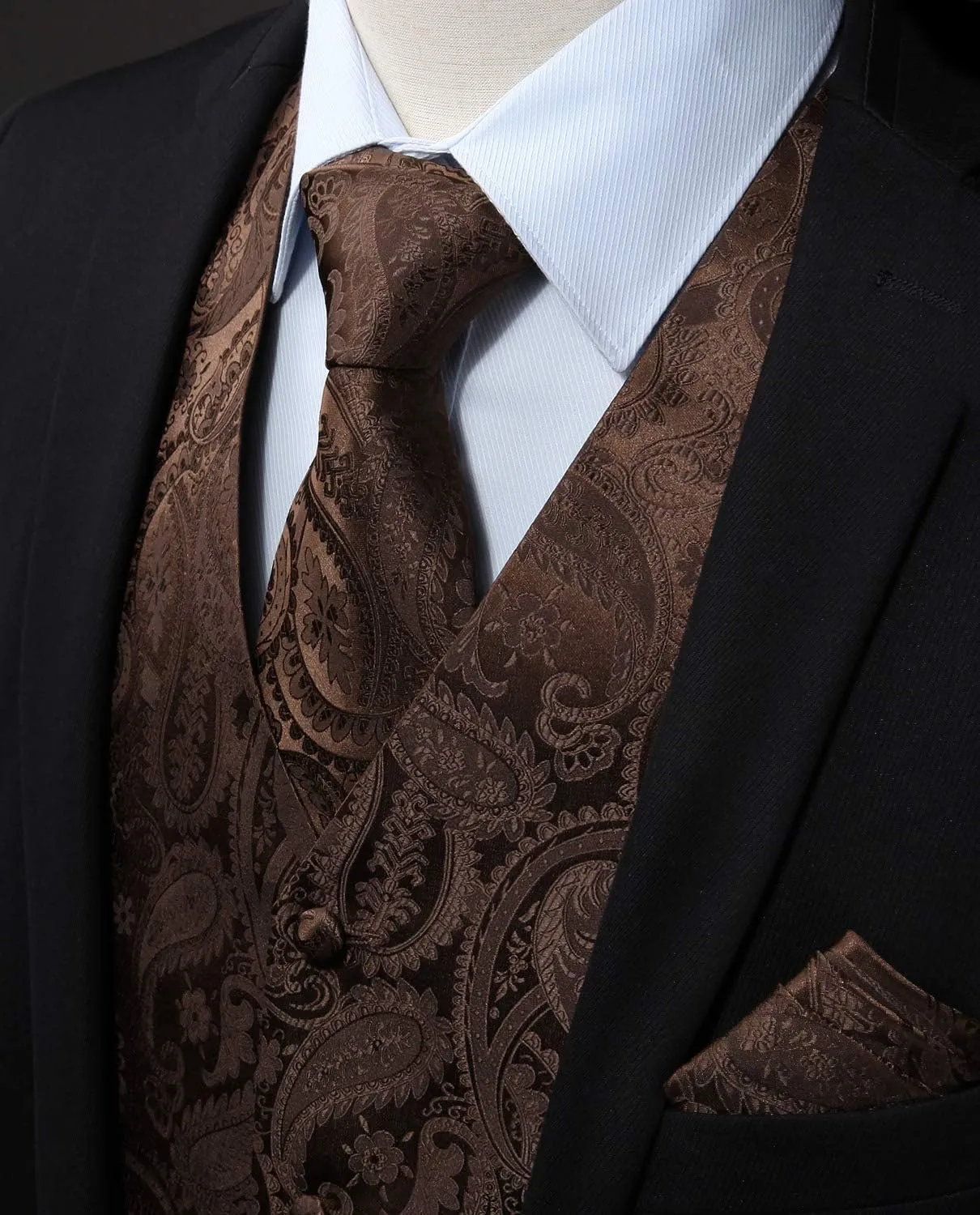 HISDERN Men's Vest Tie Set Paisley Floral Jacquard Necktie Pocket Square 3PCS Waistcoat for Suit or Tuxedo Wedding Party