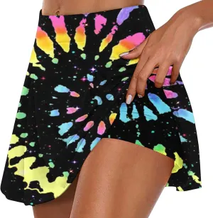 hlysgo Women's Athletic Workout Tennis Skorts Summer Trendy Tie-Dye Print High Waist Flowy Mini Skirt with Inner Shorts