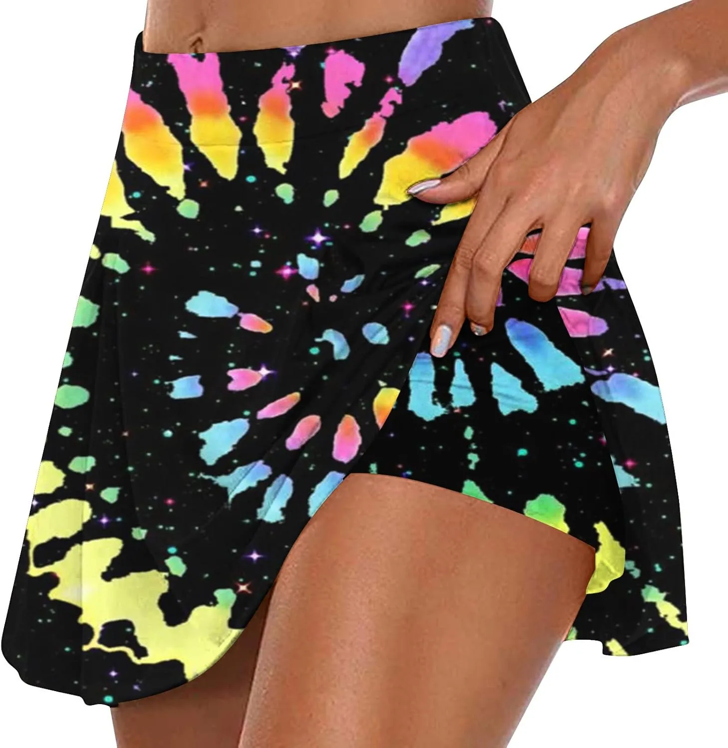 hlysgo Women's Athletic Workout Tennis Skorts Summer Trendy Tie-Dye Print High Waist Flowy Mini Skirt with Inner Shorts