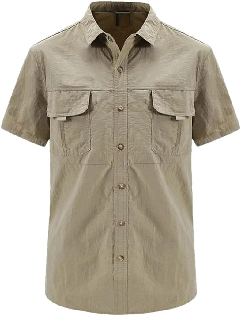 Hot Tactical Hiking Shirts Men Long Sleeve Cargo Work Shirt Summer Outdoor Quick-Dry Military Camping Hunting Fishing Work Shirt Short-Khaki Asian-XL