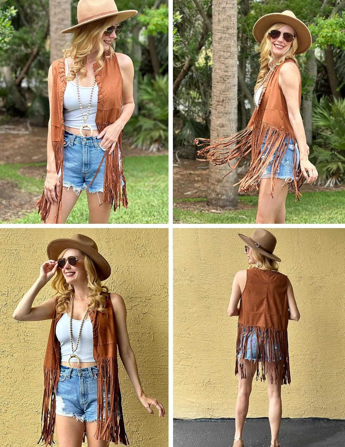 HOTOUCH Women Fringe Vest 70s Hippie Faux Suede Sleeveless Tassels Cardigan Cowgirl Western Tops