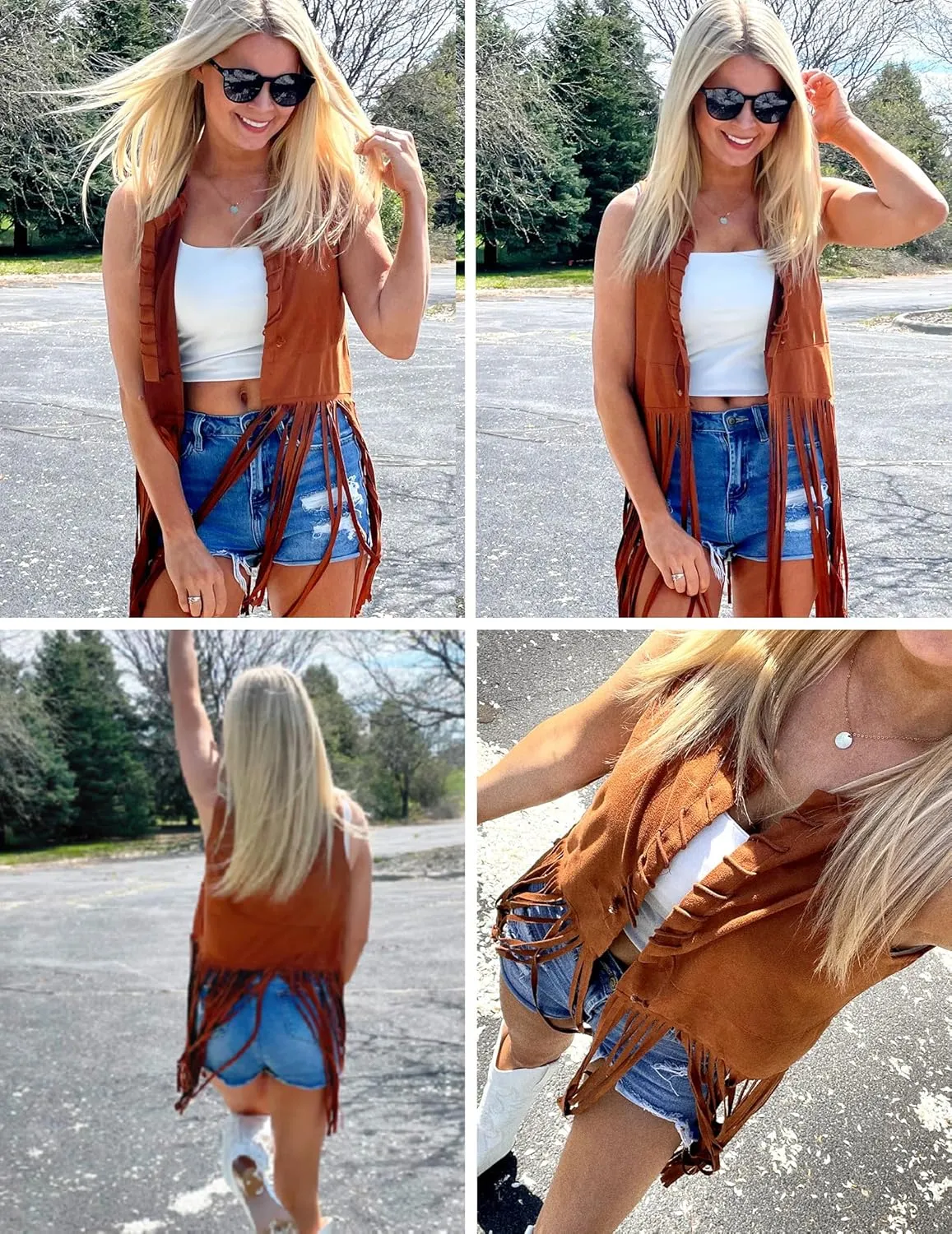 HOTOUCH Women Fringe Vest 70s Hippie Faux Suede Sleeveless Tassels Cardigan Cowgirl Western Tops