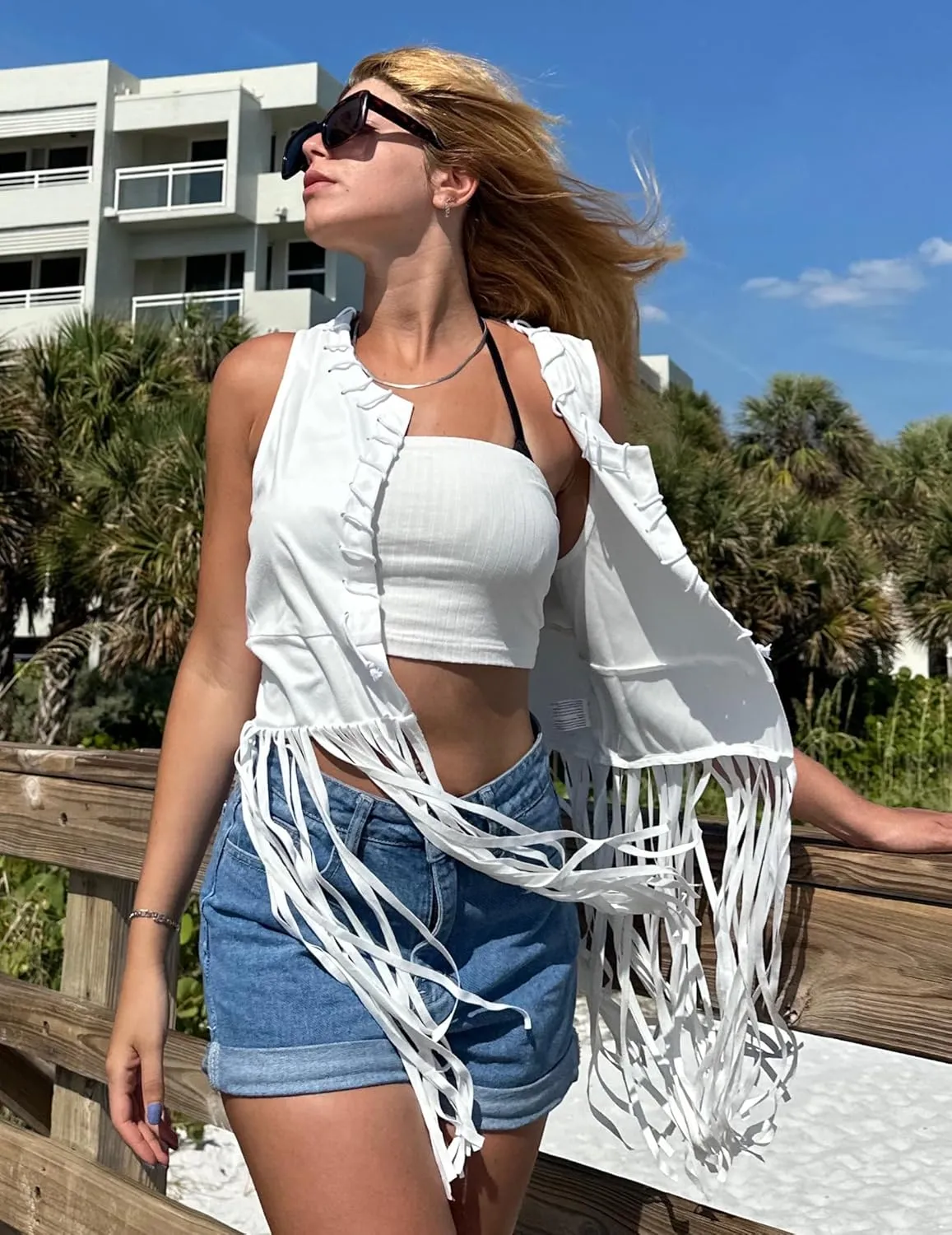 HOTOUCH Women Fringe Vest 70s Hippie Faux Suede Sleeveless Tassels Cardigan Cowgirl Western Tops