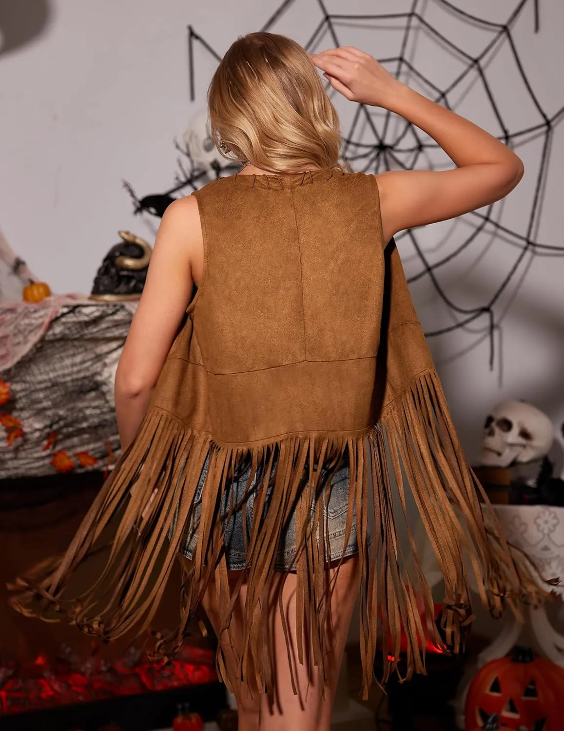 HOTOUCH Women Fringe Vest 70s Hippie Faux Suede Sleeveless Tassels Cardigan Cowgirl Western Tops
