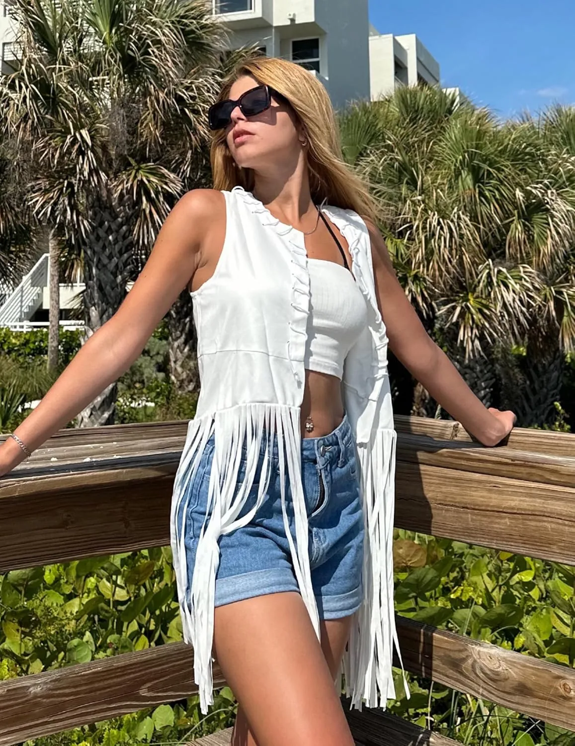 HOTOUCH Women Fringe Vest 70s Hippie Faux Suede Sleeveless Tassels Cardigan Cowgirl Western Tops