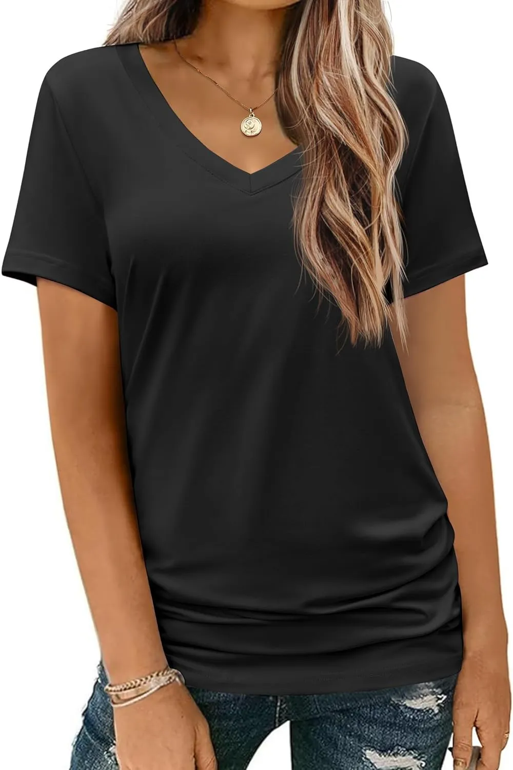 HOTOUCH Womens T Shirts Short Sleeve V Neck Basic Tee Soft Casual Loose Fit Summer Tops Outfits 2025 Fashion