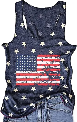 HRIUYI 4th of July Tank Tops for Women Sleeveless American Flag T-Shirts Tees Vest Blouse