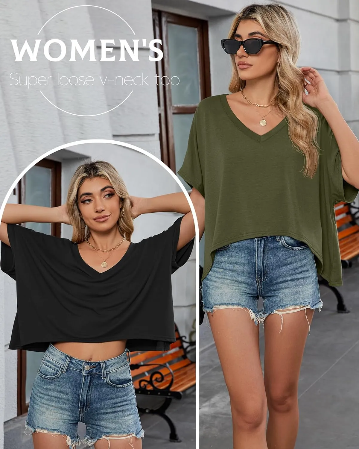 Huukeay 3 Pack Oversized T Shirts for Women Short Sleeve Crop Tops V Neck Irregular Hem Baggy Cropped Tees