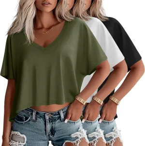 Huukeay 3 Pack Oversized T Shirts for Women Short Sleeve Crop Tops V Neck Irregular Hem Baggy Cropped Tees